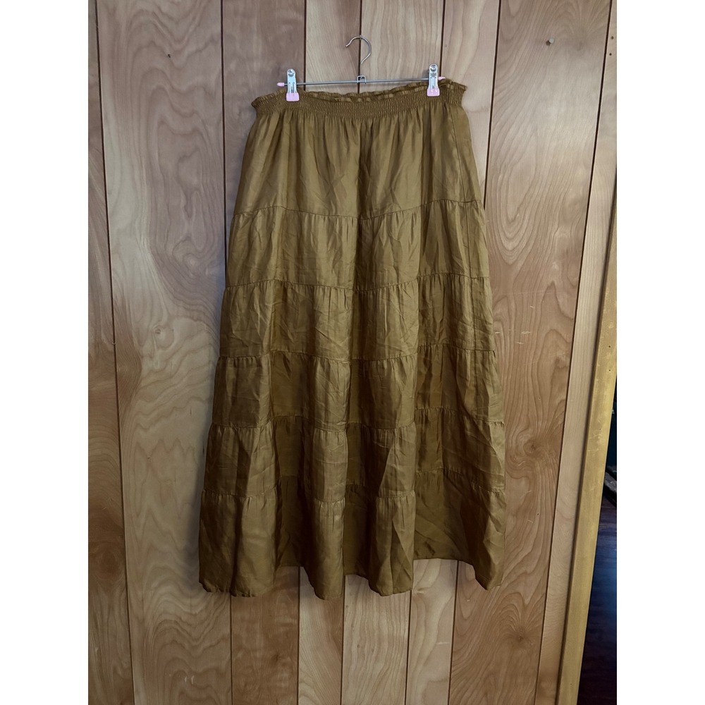 Garnet Hill Silk Tiered Maxi Skirt Mustard Gold Smocked Waist L Cotton Lined